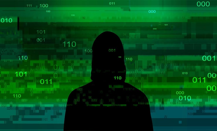 Vector computer hacker on abstract binary code background. hacking concept