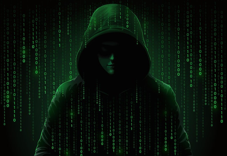 Vector computer hacker in hoodie obscured dark face data theft internet fraud darknet and cyber security concept hacker on screen background with binary code