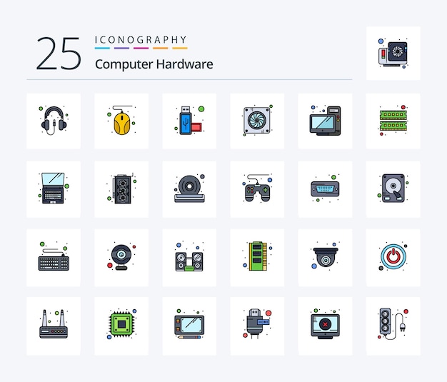 Computer hardware 25 line filled icon pack including monitor desktop port computer fan