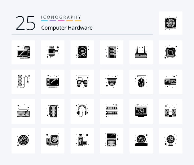 Computer Hardware 25 Solid Glyph icon pack including computer router drive modem ram