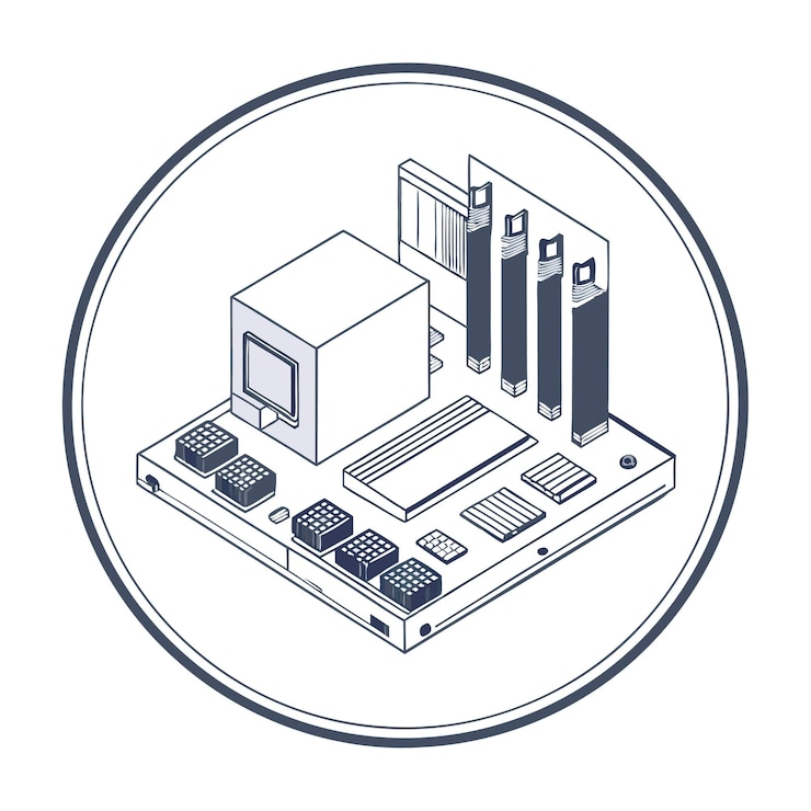 Vector computer hardware components parts and devices featuring motherboard vector style illustration