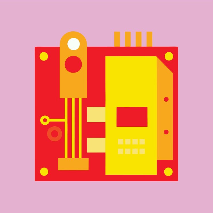 Vector computer hardware components parts and devices featuring motherboard vector style illustration