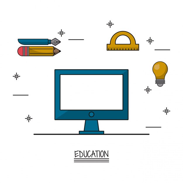 computer and icons of pencil fountain pen protractor and light bulb