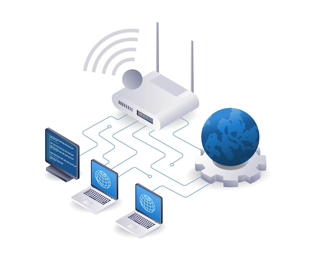 Computer internet router gebruik netwerk concept platte isometrische 3D illustratie