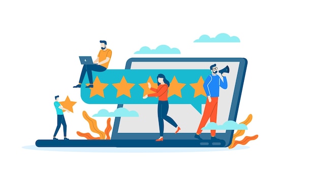 Vector computer internet web star review rating mensen geven feedback vector platte afbeelding ontwerp