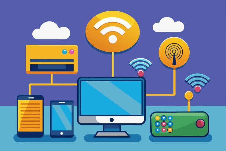 Vector a computer is being updated through a wifi connection while smartphones and a router are connected the process of updating a computer with a wifi network