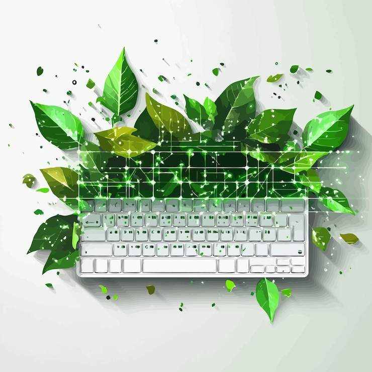 Vector a computer keyboard with a green leaf on the top