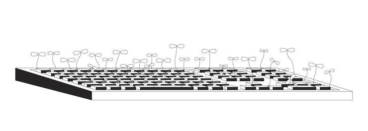 Vector computer keyboard with plant sprouts black and white 2d illustration concept