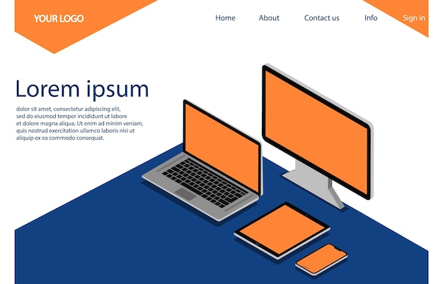 コンピューター、ラップトップ、電話、タブレット。ランディングページ。