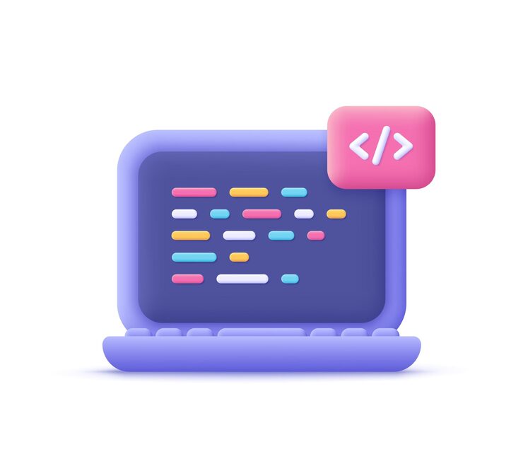 Vector computer laptop and program code development coding screen it technologies website programming project data programming software engineering concept 3d vector icon cartoon minimal style