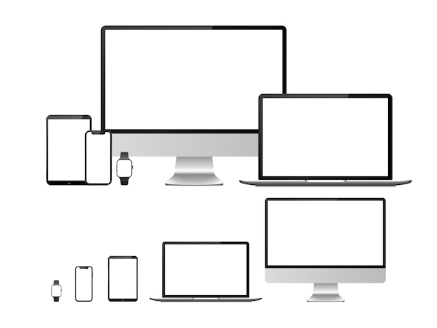 Computer, laptop, tablet, smartphone and smartwatch device with blank white screen.