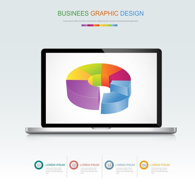 Computer laptop with business graph on screen3d and flat vector design illustration f