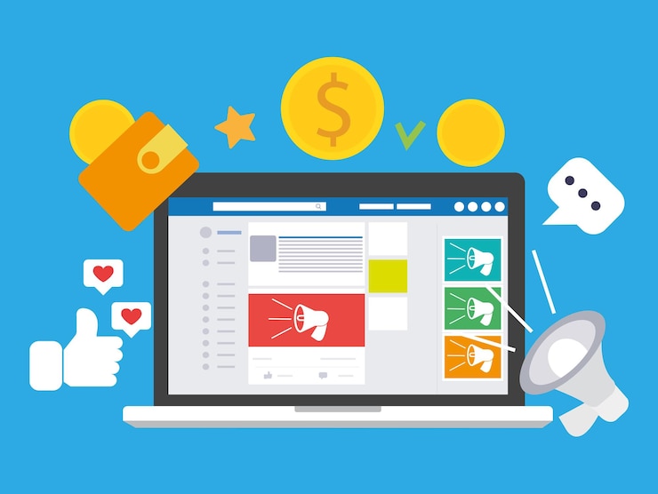 वेक्टर computer laptop with social media advertising website social ads digital marketing concept money