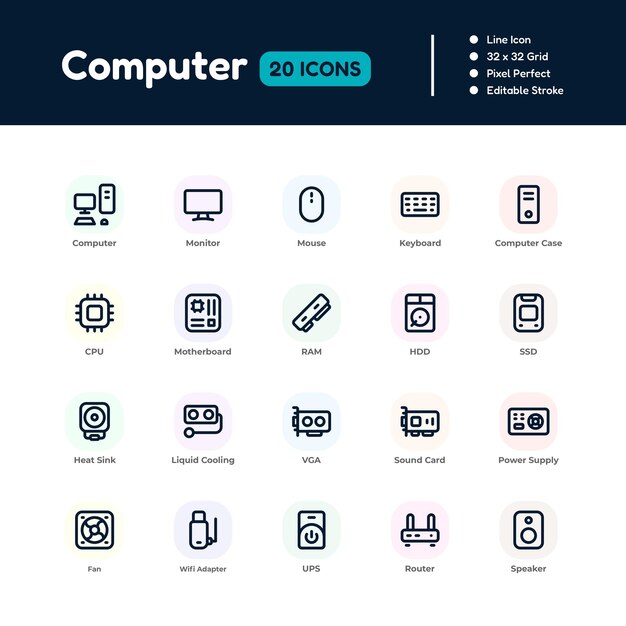 Computer Line Icon Set Pixel Perfect Bewerkbaar Stroke Vector Design
