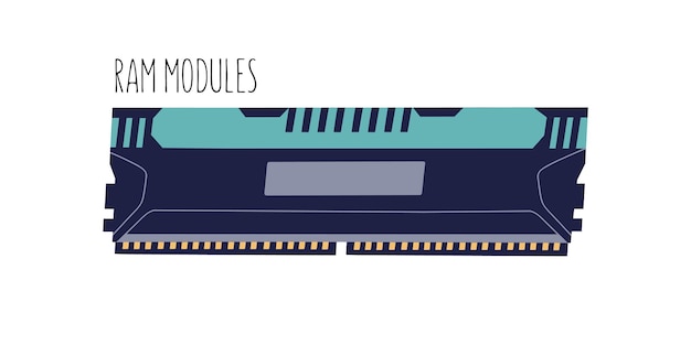 Computer memory module or ram stick isolated on white background. electronic component with chips. colored flat vector illustration of pc hardware.