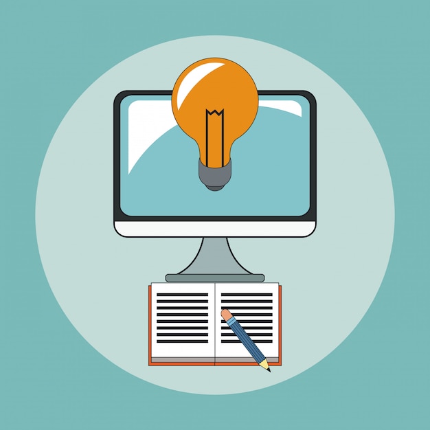 Computer met boek en lamp