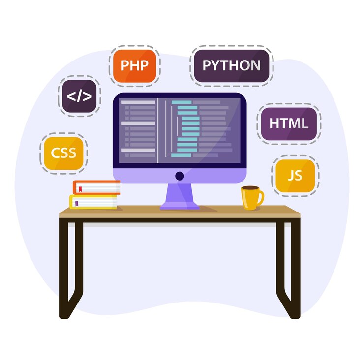 Vector computer met code op het scherm codering thuis concept vlakke afbeelding