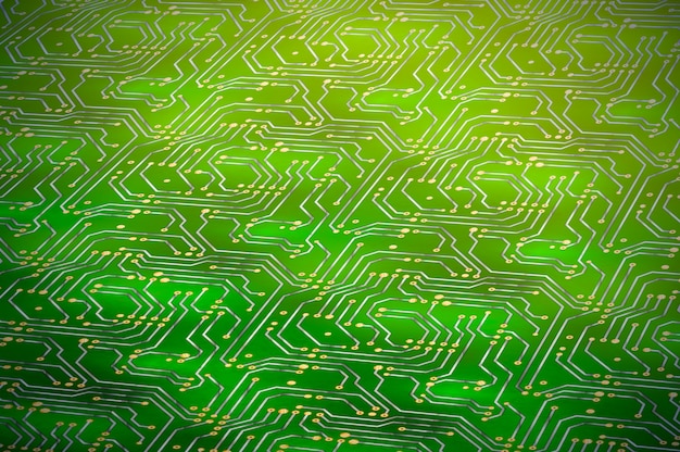 Vector computer microchip with golden contacts on green motherboard in perspective