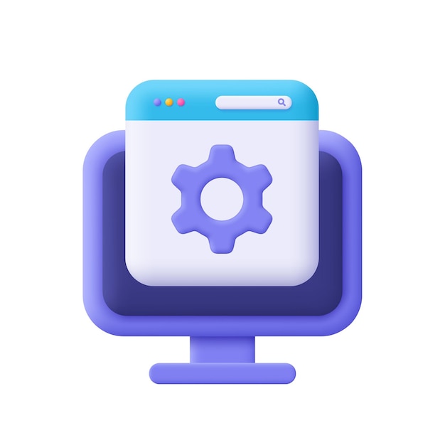 Computer monitor display met webpagina browser en versnelling 3d vector icoon Cartoon minimale stijl