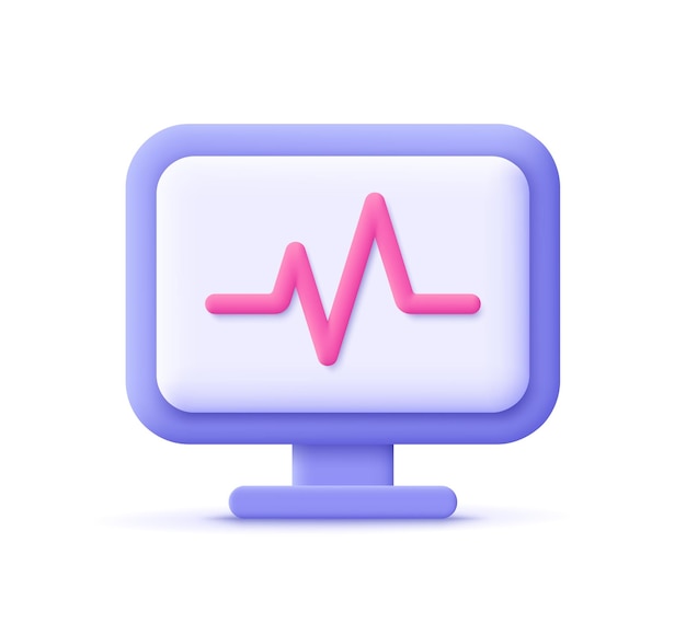 Vector computer monitor display with heartbeat pulse trace line 3d vector icon cartoon minimal style