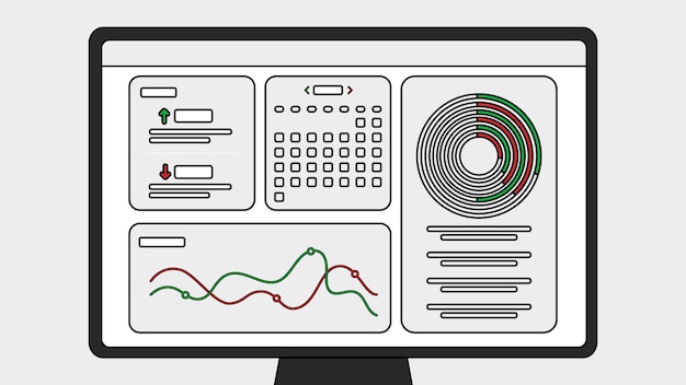 Vector computer monitor displaying data analysis dashboard