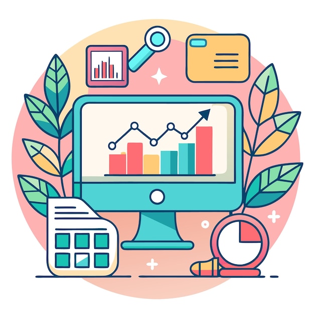 顯示線圖的電腦顯示器,上向的箭頭指向紅色條,以及放大鏡,有網格和計時器的筆記本