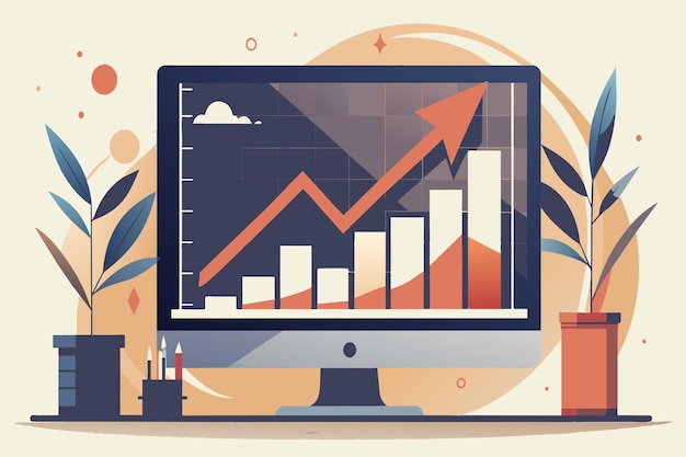 Vector a computer monitor displays a graph with a rising line