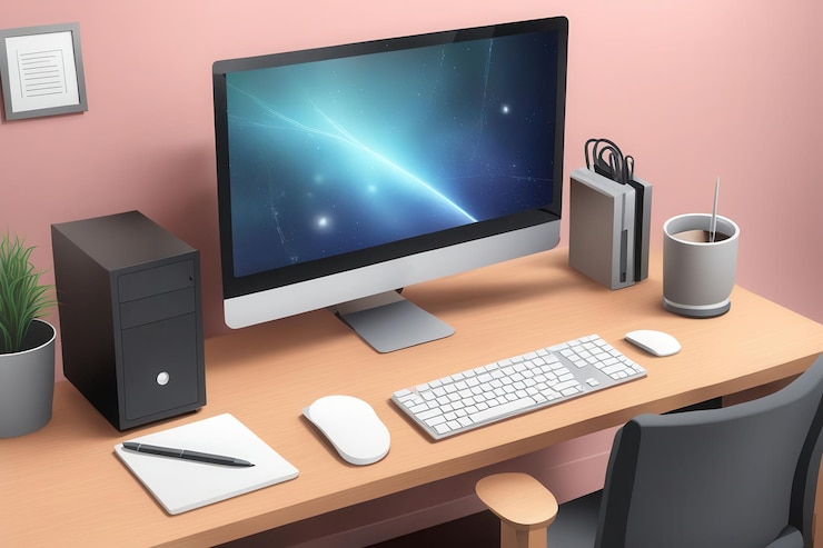 Vector a computer monitor is on a desk with a blue screen
