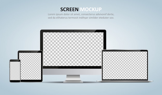 Computer monitor, laptop, tablet and smartphone with blank screen for design