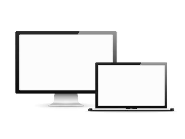 Monitor del computer e laptop con schermi bianchi vuoti