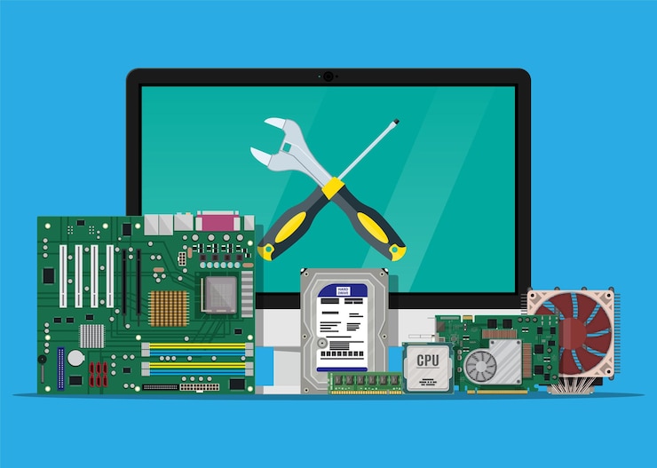 Vector computer monitor, motherboard, hard drive, cpu, fan, graphic card, memory, screwdriver and wrench.