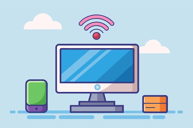 オフィスの机の上に置かれたコンピュータモニター コンピュータにネットワーク信号がない シンプルでミニマリストなフラットベクトルイラスト
