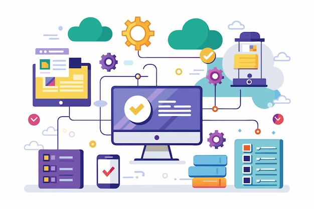 Vettore a computer monitor sits among a collection of different electronic devices in a modern workspace install the concept software simple and minimalist flat vector illustration