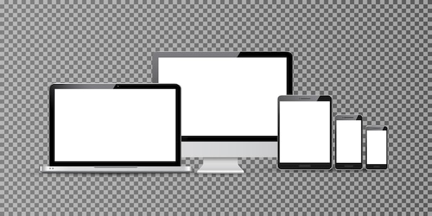 Vettore monitor di computer, smartphone, laptop e tablet pc design isolato. insieme del dispositivo digitale intelligente del telefono cellulare.