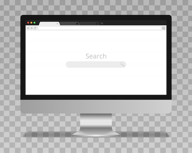 ブラウザウィンドウと検索バーを備えたコンピュータモニタ。 web用フラットスタイルのブラウザー