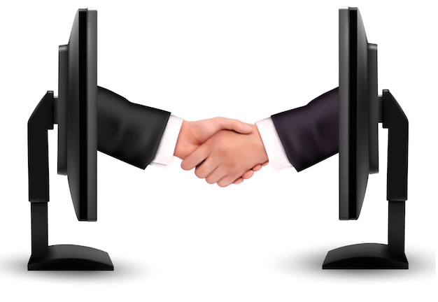 A computer monitor with a man shaking hands.