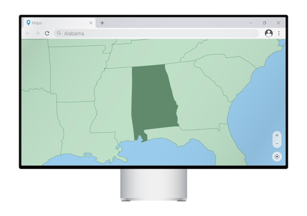 Computer monitor with map of Alabama in browser search for the country of Alabama on the web mapping program