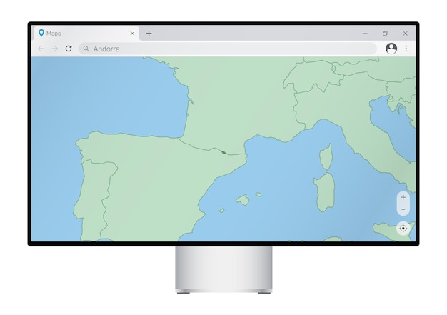 Монитор компьютера с картой Андорры в браузере, поиск страны Андорра в программе веб-картографии.