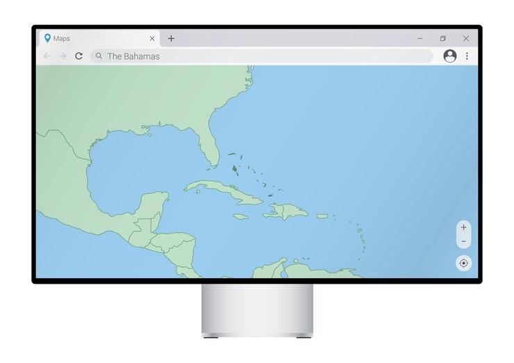 Vector computer monitor with map of the bahamas in browser, search for the country of the bahamas on the web mapping program.