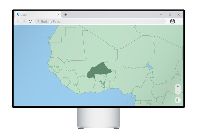브라우저에서 부르키나파소 지도가 있는 컴퓨터 모니터, 웹 매핑 프로그램에서 부르키나파소 국가를 검색합니다.