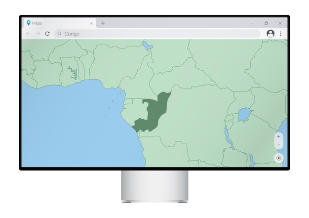 브라우저에서 콩고 지도가 있는 컴퓨터 모니터, 웹 매핑 프로그램에서 콩고 국가를 검색합니다.