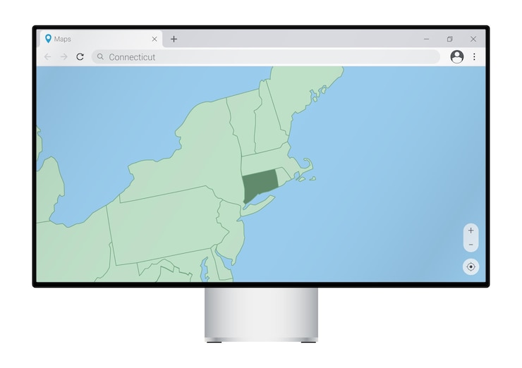 Vector computer monitor with map of connecticut in browser search for the country of connecticut on the web mapping program