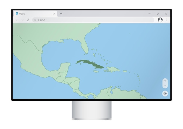 Computer monitor with map of Cuba in browser, search for the country of Cuba on the web mapping program.