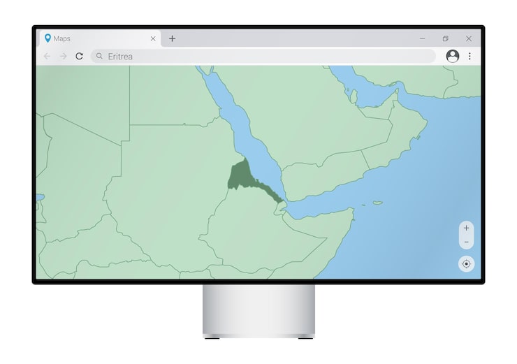 Vector computer monitor with map of eritrea in browser, search for the country of eritrea on the web mapping program.