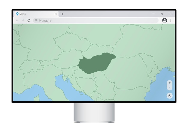 Computer monitor with map of hungary in browser, search for the country of hungary on the web mapping program.