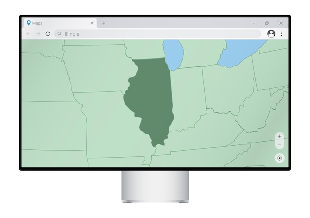 Монитор компьютера с картой Иллинойса в браузере ищет страну Иллинойс в программе веб-картографии