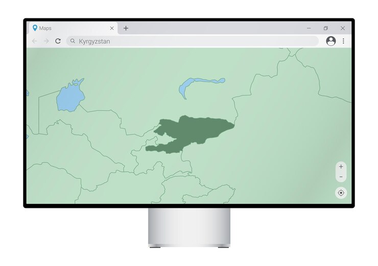 Vector computer monitor with map of kyrgyzstan in browser, search for the country of kyrgyzstan on the web mapping program.