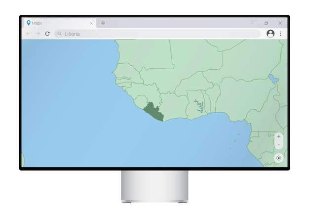 Monitor del computer con mappa della liberia nella ricerca del browser per il paese della liberia sul programma di mappatura web modello vettoriale