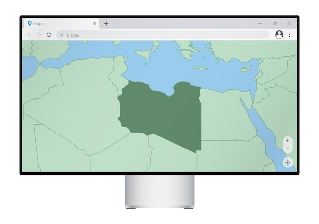 ブラウザにリビアの地図が表示されたコンピュータモニター。Webマッピングプログラムでリビアの国を検索します。