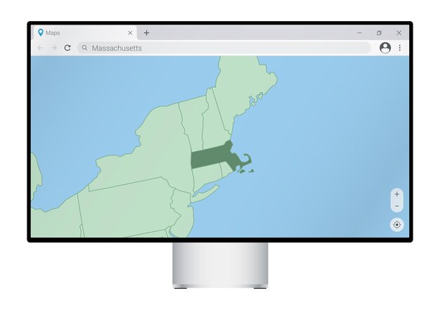Компьютерный монитор с картой Массачусетса в браузере ищет страну Массачусетс в программе веб-картографии